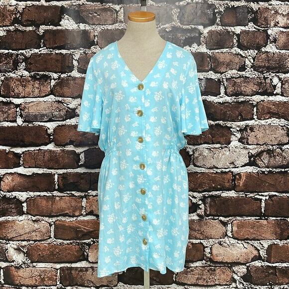 Abound Dress Womens Large Blue Floral NWT Short Sleeve Buttons A-Line - Picture 4 of 16